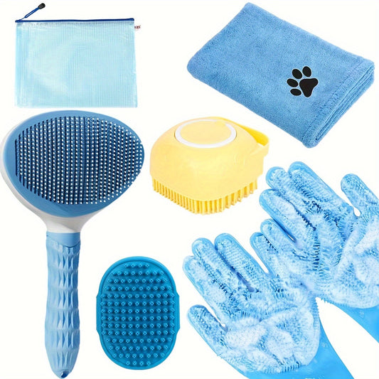 Dog Bath Brush Grooming Kit 6pcs with Gloves & Towel-0