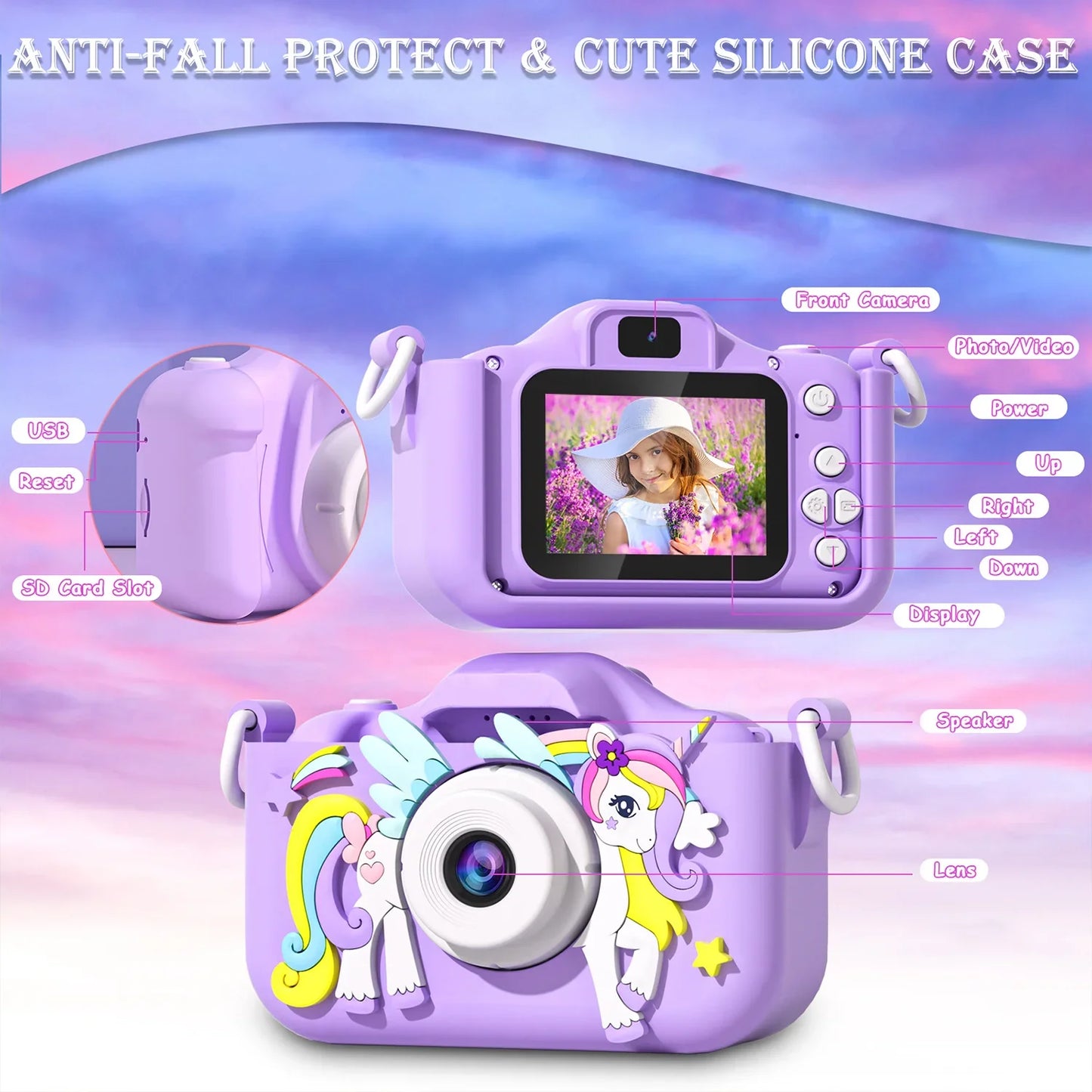 NNEOBA Kids Mini Camera Unicorn 1080P HD 2-Inch Screen