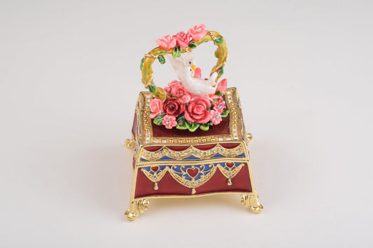 Red Decorated Box with Roses and Two White Doves